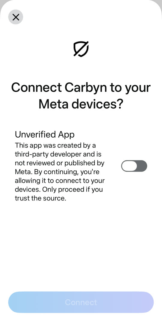 Meta AI asks: Connect Carbyn to your Meta devices? The Unverified App switch is highlighted