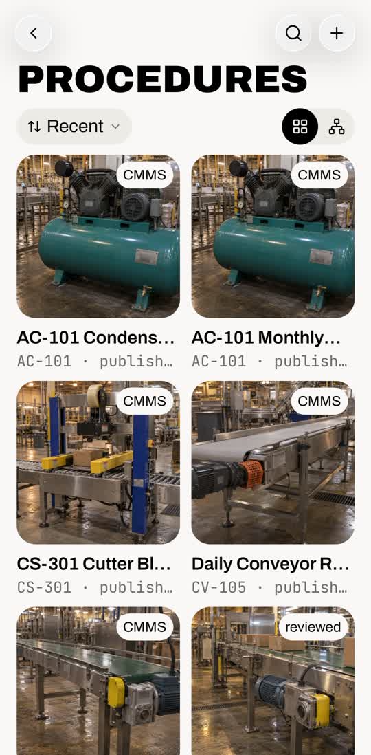 Procedures screen: tapping plus opens Add procedure with Extract from video and New procedure